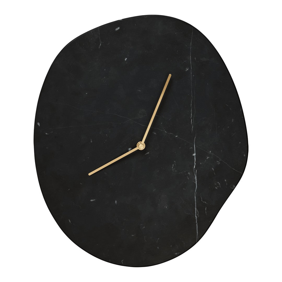 Black marble wall clock with organic shape and gold-toned hands, featuring subtle white veining for added texture.