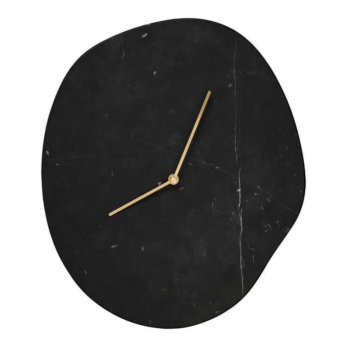 Black marble wall clock with organic shape and gold-toned hands, featuring subtle white veining for added texture.