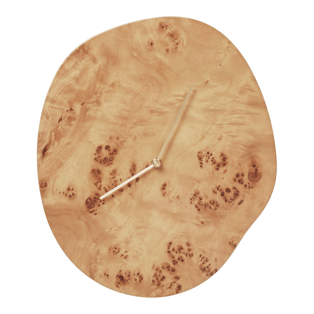 Natural wood clock with warm beige tones and unique burl pattern, offering a modern and organic aesthetic.