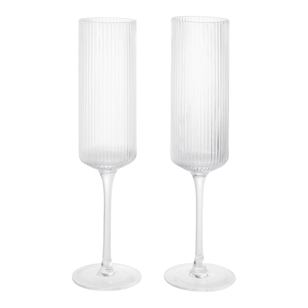 Clear ribbed glass champagne flutes with elegant tall stems, perfect for special occasions and celebrations.