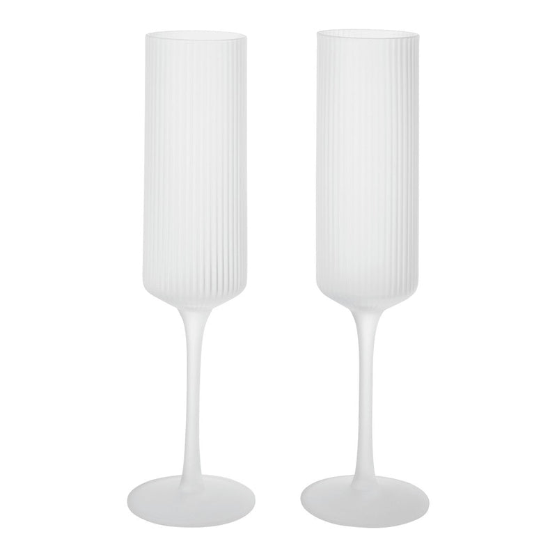 White ribbed champagne flutes with a sleek, modern design and elegant tall stems, perfect for any celebration.