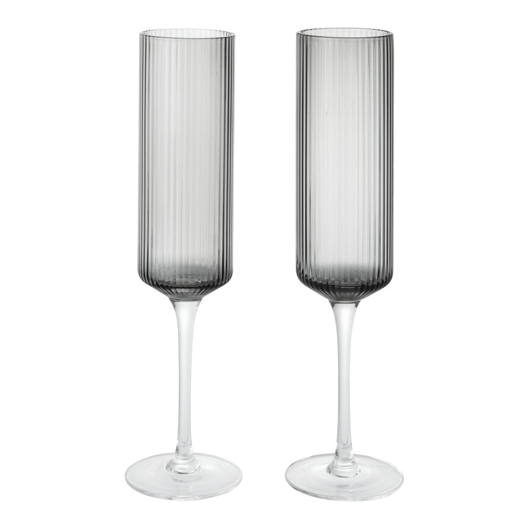 Set of two elegant gray ribbed champagne flutes with clear stems for a modern touch. Perfect for any celebration.