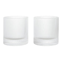 Clear glass tumblers with vertical ribbed texture, featuring a modern and elegant design. Perfect for any occasion.