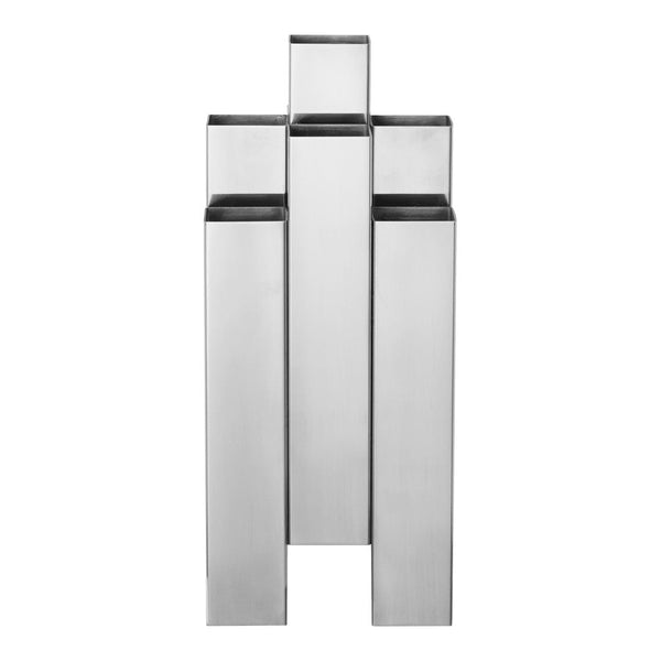 Silver geometric vase with a sleek, modern design featuring multiple tall, rectangular openings. 