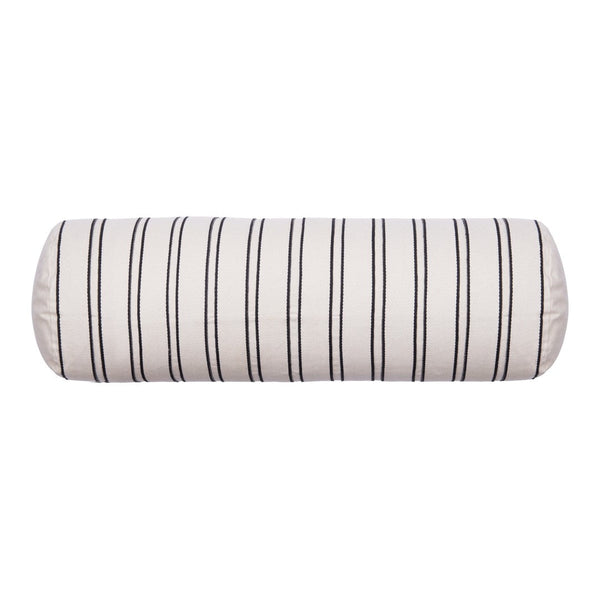 Cream bolster pillow with black vertical stripes for a stylish accent in any home decor.