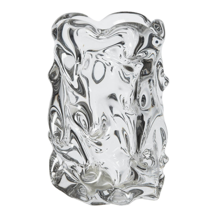 Clear glass vase with swirling, abstract patterns and smooth, reflective surfaces. Ideal for modern decor.