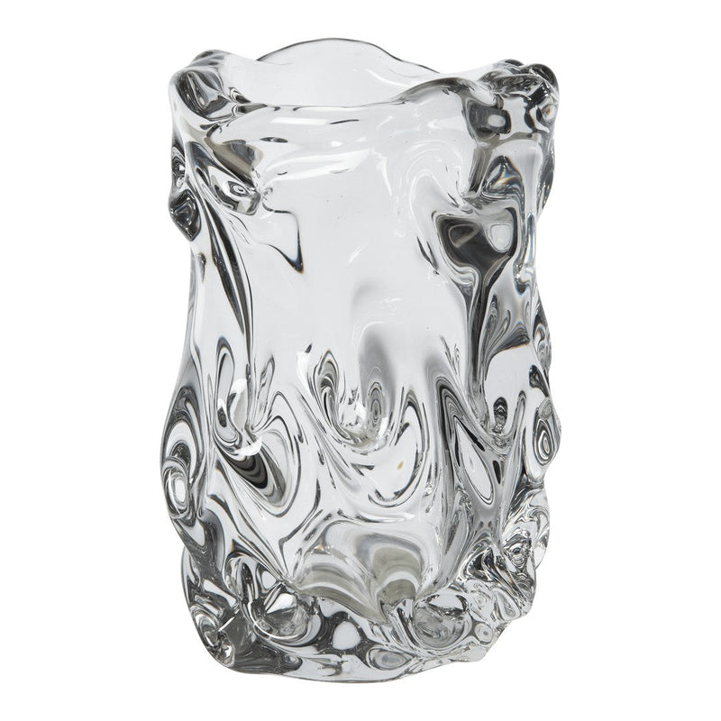 Clear glass vase with swirling patterns and a glossy finish, showcasing reflections and light play.