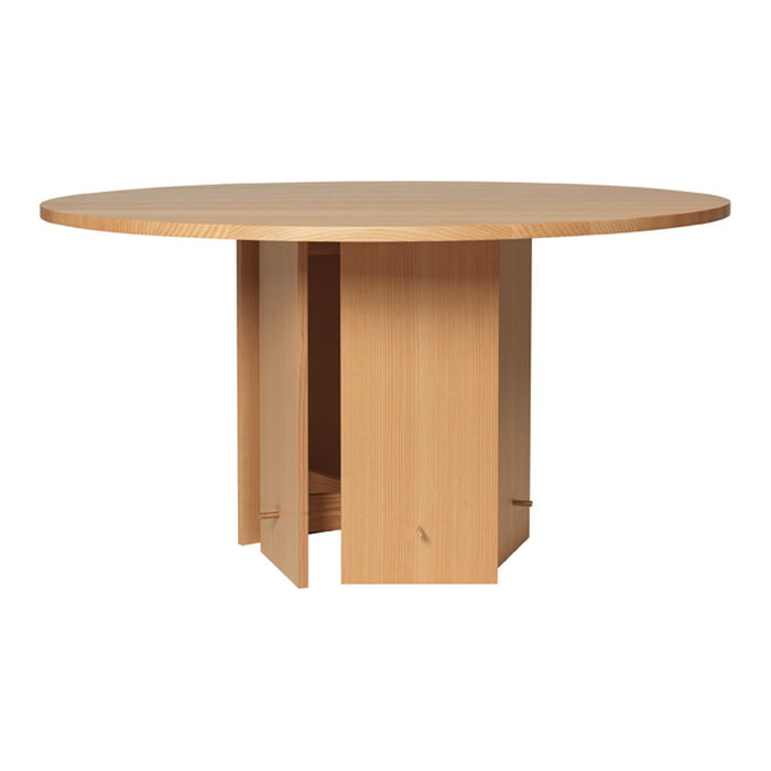 Light wood round dining table with a smooth finish and natural grain pattern, perfect for modern interiors.