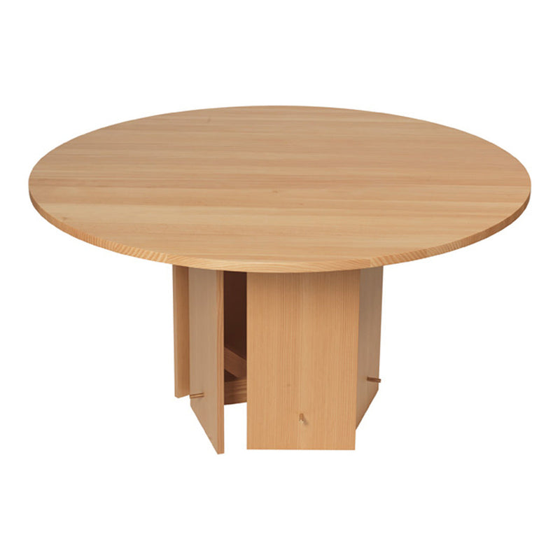 Round natural wood dining table featuring a light beige finish and smooth, untextured surface. Ideal for contemporary spaces.