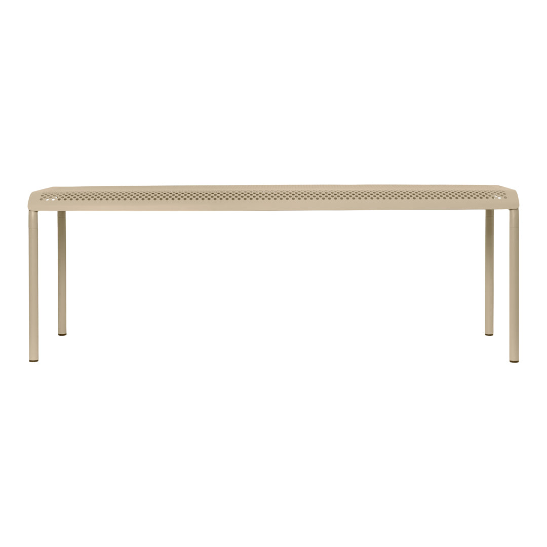 Beige metal outdoor bench with a perforated pattern and sleek, modern design. Perfect for stylish outdoor seating.