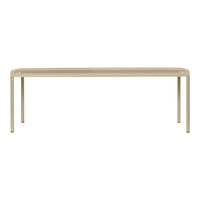 Beige metal outdoor bench with a perforated pattern and sleek, modern design. Perfect for stylish outdoor seating.