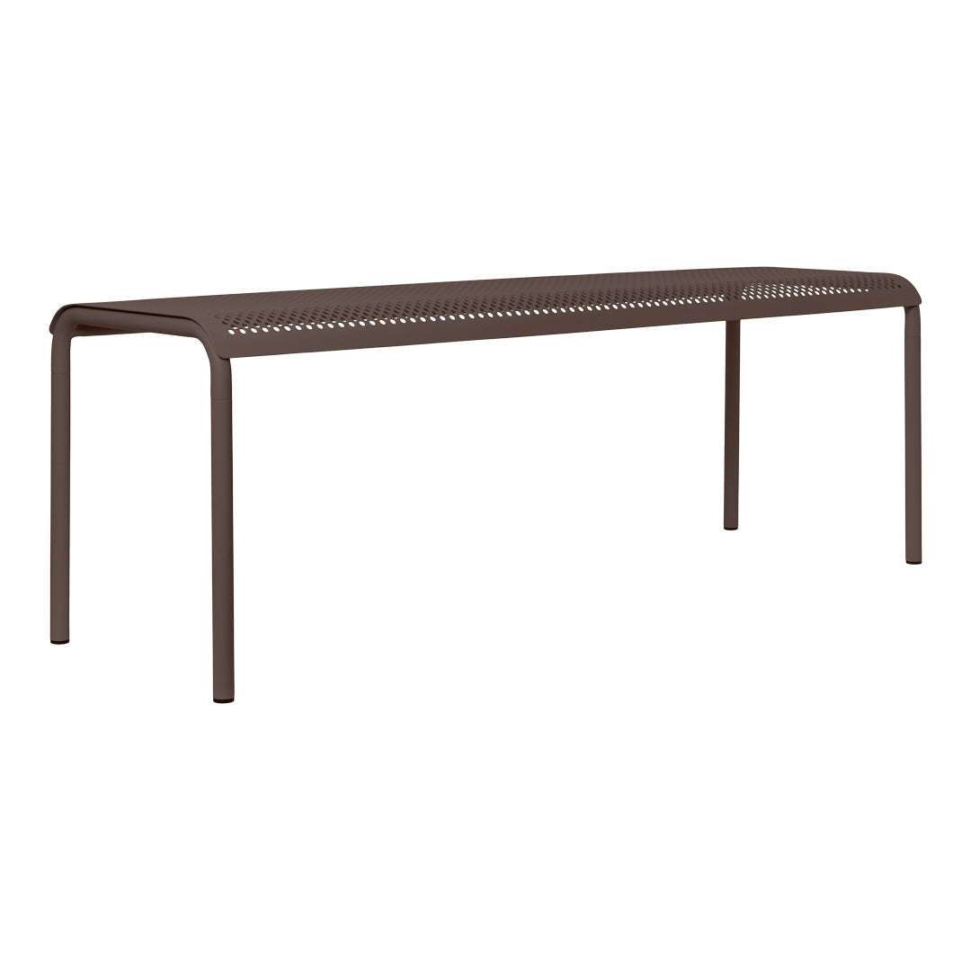 Brown metal bench with a modern perforated design, ideal for outdoor or indoor spaces. Stylish and functional.