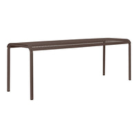 Brown metal bench with a modern perforated design, ideal for outdoor or indoor spaces. Stylish and functional.