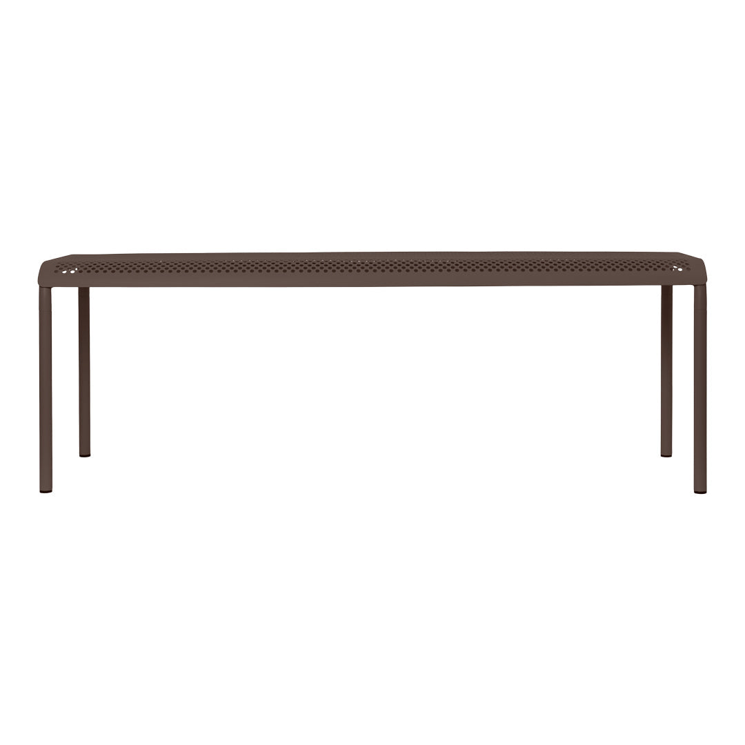 Brown metal outdoor table with a perforated top, featuring a sleek, modern design and clean lines.
