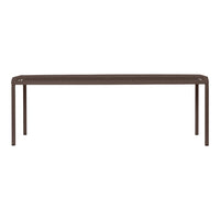 Brown metal outdoor table with a perforated top, featuring a sleek, modern design and clean lines.