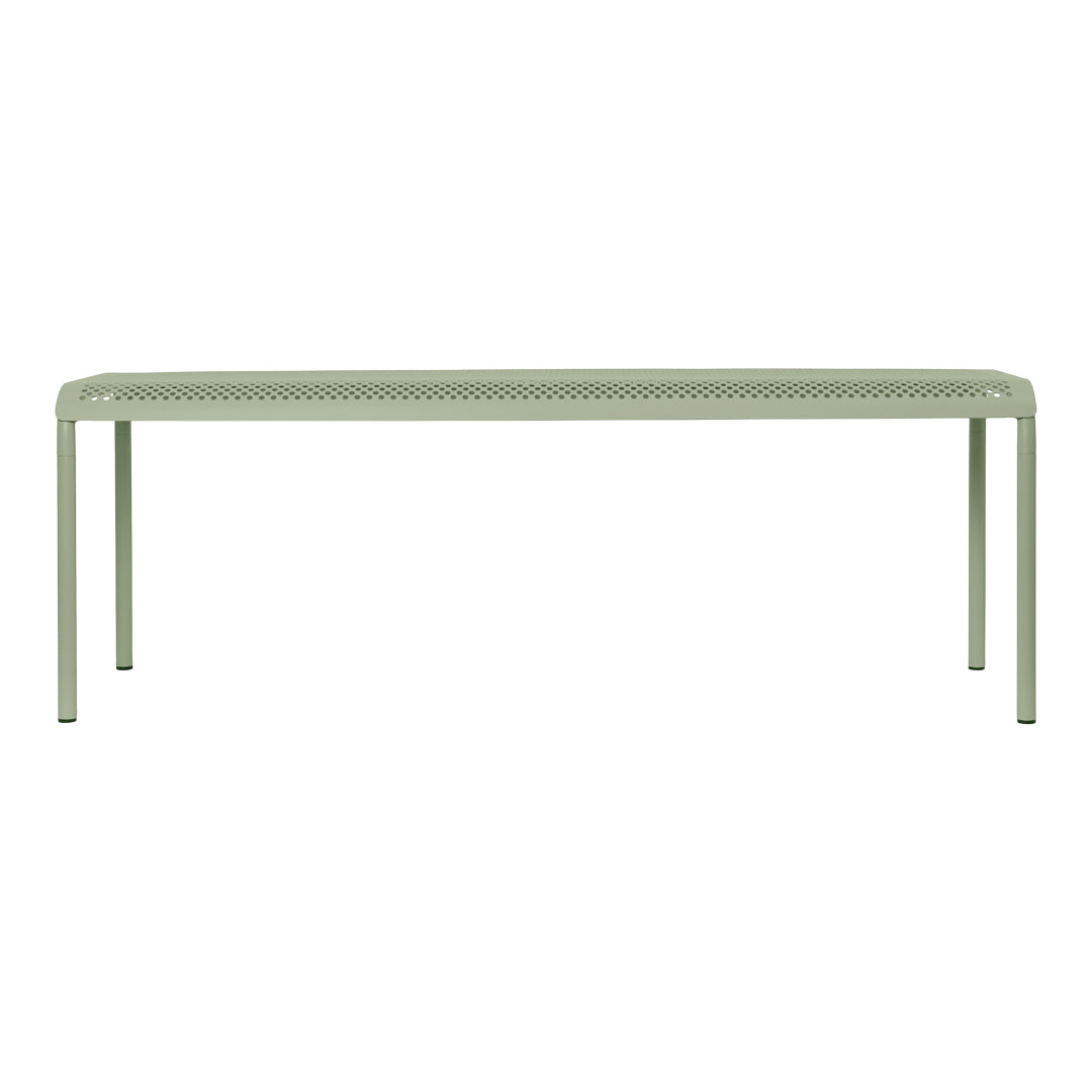 Light green metal bench with a perforated pattern, featuring sleek, modern lines and minimalist design.