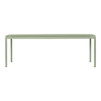 Light green metal bench with a perforated pattern, featuring sleek, modern lines and minimalist design.