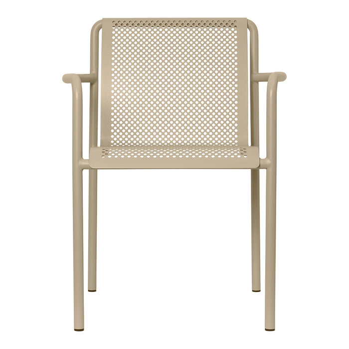 Beige perforated metal chair with a sleek design and light, airy aesthetic, perfect for modern spaces.