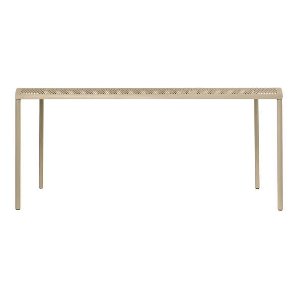 Beige metal table with a perforated pattern, featuring a sleek, modern design ideal for outdoor or indoor settings.