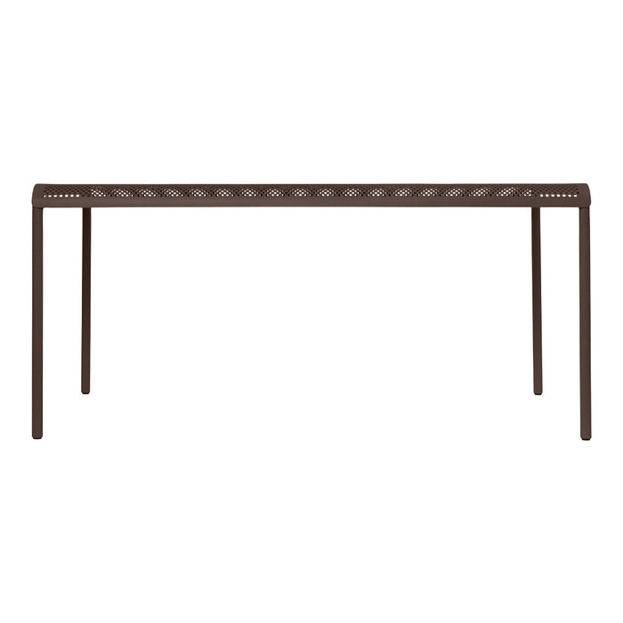Brown metal table with a slotted design pattern, perfect for outdoor or indoor decor.