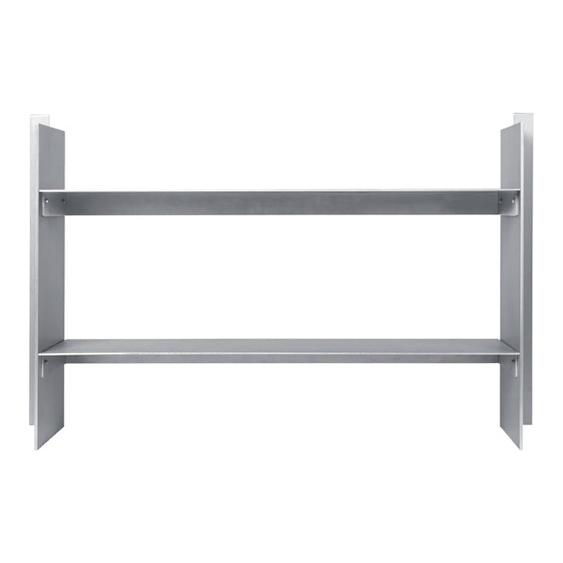 Sleek silver metal shelving unit with a minimalist design, featuring smooth surfaces and clean lines.
