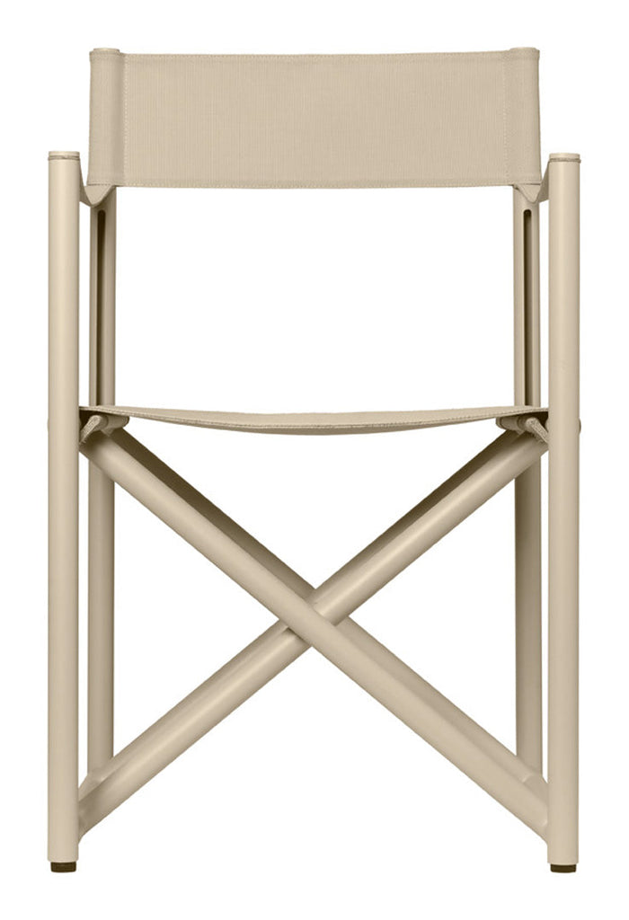 Beige canvas director's chair with sleek beige metal frame and crisscross pattern for added stability.