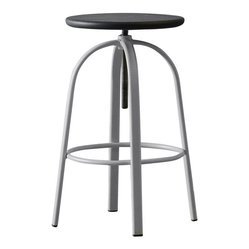 Black round seat with a sleek silver metal frame and minimalist design, perfect for modern decor.