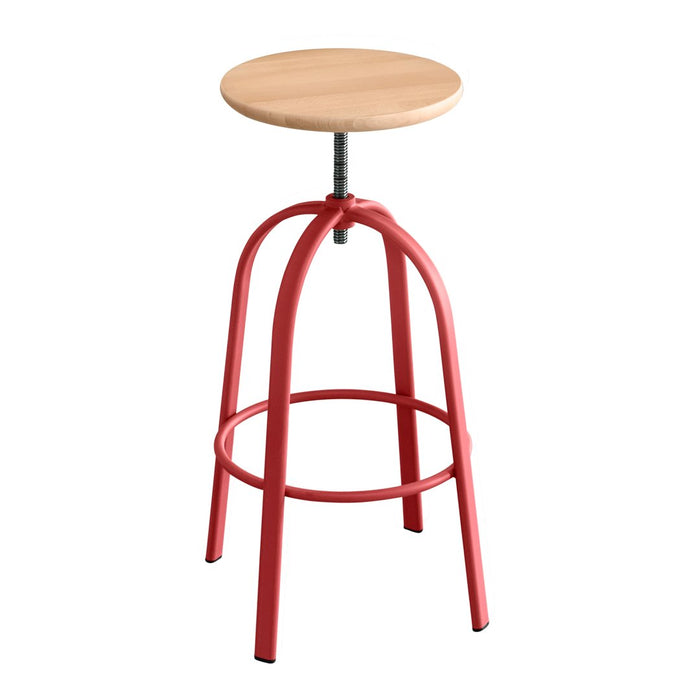 Red metal stool with a natural wood seat, featuring a modern industrial design. Perfect for stylish interiors.