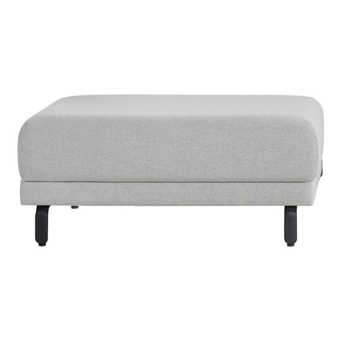 Light gray ottoman with a smooth fabric texture and sleek black legs. Ideal for modern living spaces.