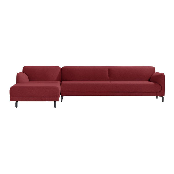 Modern burgundy sectional sofa with a sleek, minimalist design and solid color upholstery, perfect for contemporary decor.