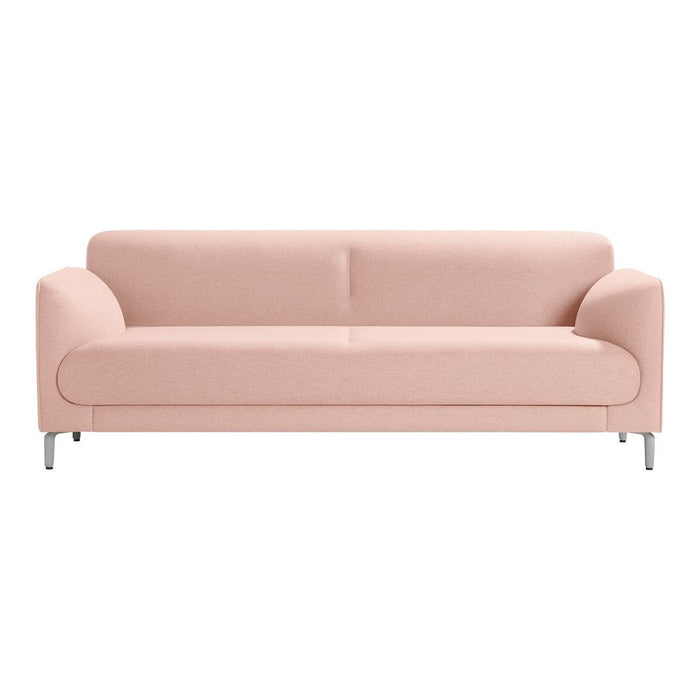 Soft pink modern sofa with smooth upholstery and sleek metal legs, perfect for a chic living space.