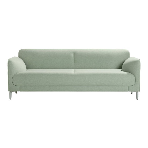 Soft mint green sofa with smooth, minimalist design and padded arms, perfect for modern living spaces.