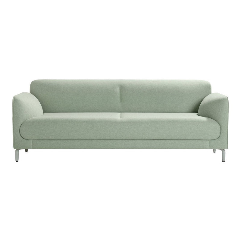 Soft mint green sofa with smooth, minimalist design and padded arms, perfect for modern living spaces.