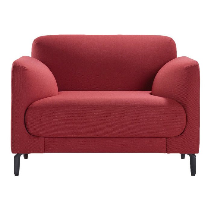 Red modern loveseat with smooth, rounded cushions and sleek black legs. Ideal for contemporary living spaces.