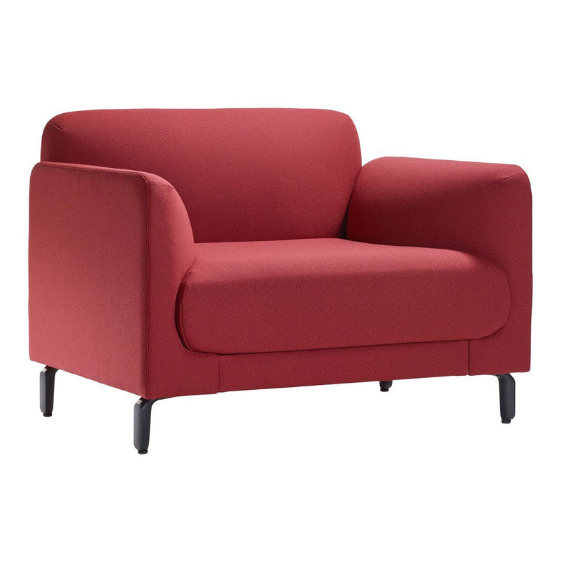 Red upholstered loveseat with a modern design and smooth texture, featuring sleek black legs. Perfect for any living space.