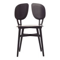 Stylish black chair featuring a minimalist design with curved backs and sleek legs, perfect for modern decor.
