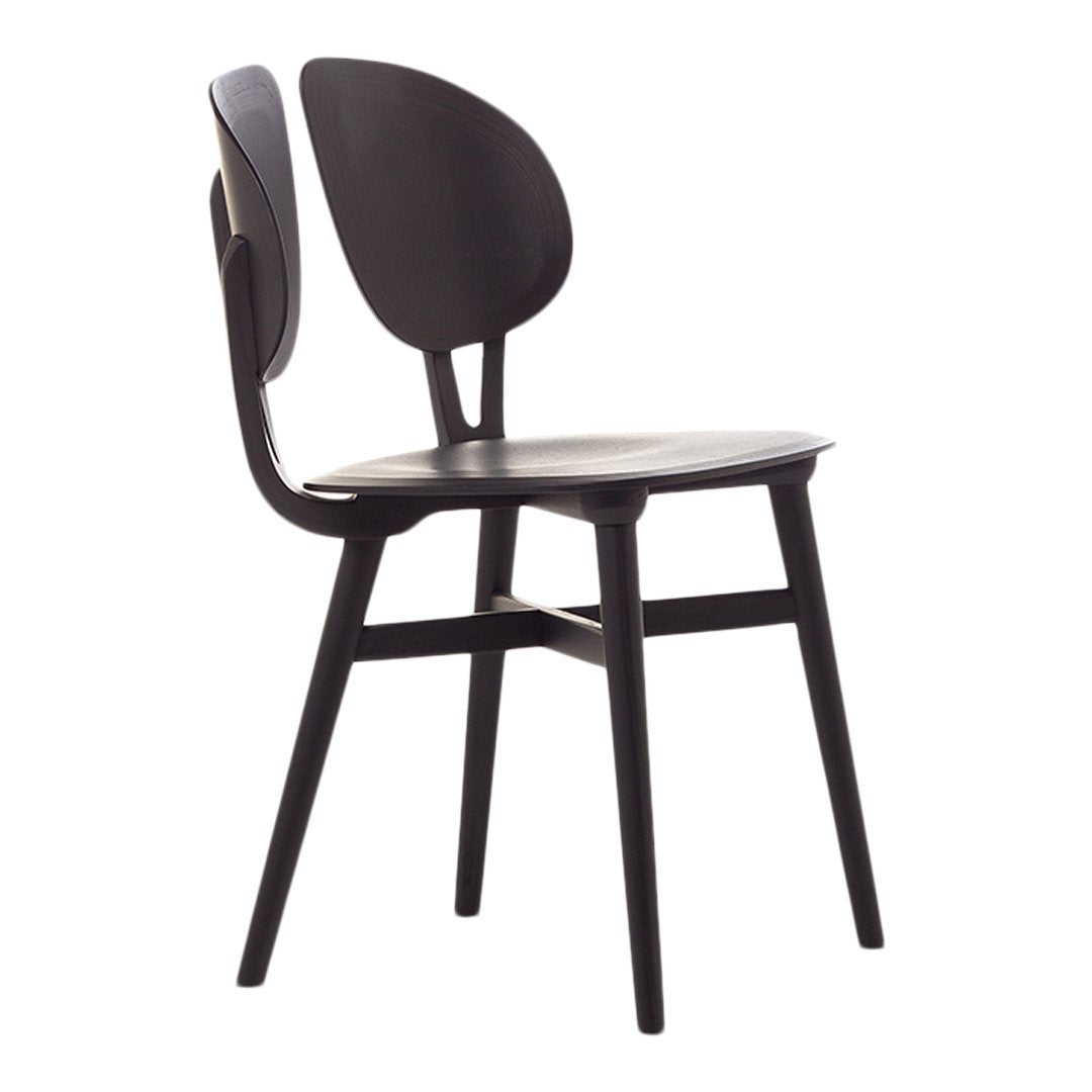 Black wooden chair with a sleek design and smooth finish, featuring minimalistic curves and a modern silhouette.