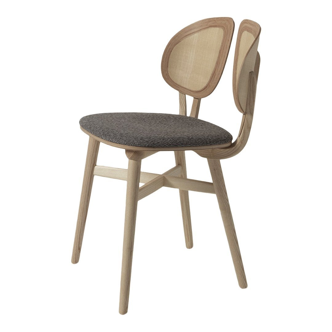 Modern wooden chair with natural wood finish and gray patterned seat cushion. Stylish and minimalist design.