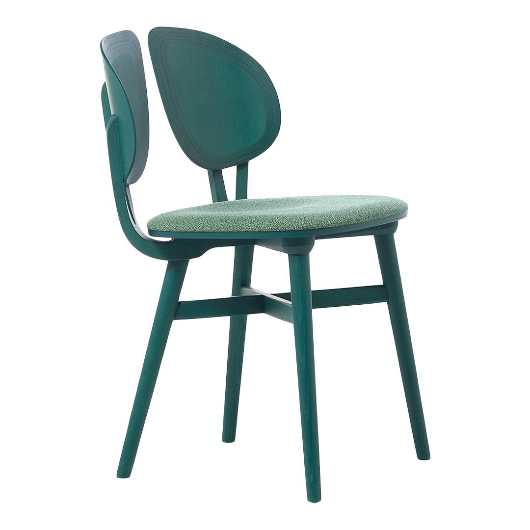 Green wooden chair with a textured seat, featuring a modern design and unique two-part backrest.