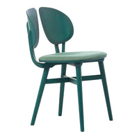 Green wooden chair with a textured seat, featuring a modern design and unique two-part backrest.