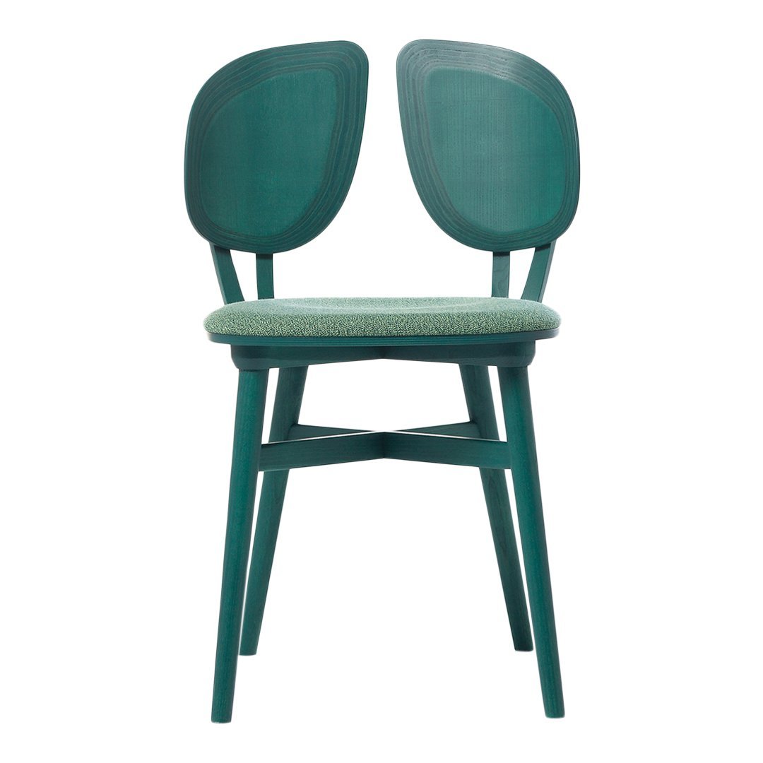 Teal wooden chair with a unique double-back design and soft green upholstered seat. Perfect for modern interiors.