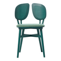 Teal wooden chair with a unique double-back design and soft green upholstered seat. Perfect for modern interiors.