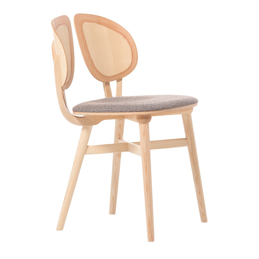 Light wood chair with a curved backrest and gray fabric seat, featuring natural tones and a smooth finish.