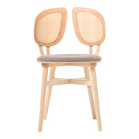 Natural wood chair with light beige upholstery and subtle rounded, open-back design. Modern and minimalist aesthetic.
