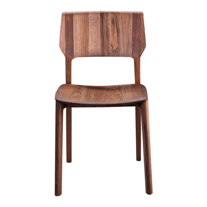 Brown wooden chair with a sleek, minimalist design and rich grain patterns. Perfect for modern decor.
