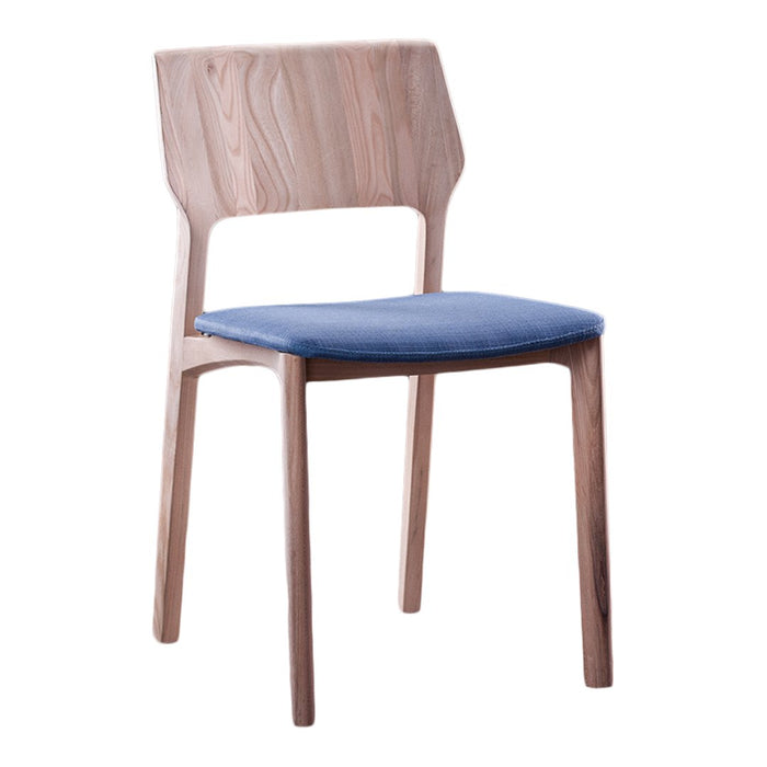 Natural wood chair with a smooth light finish and a solid blue upholstered seat, featuring clean, modern lines.