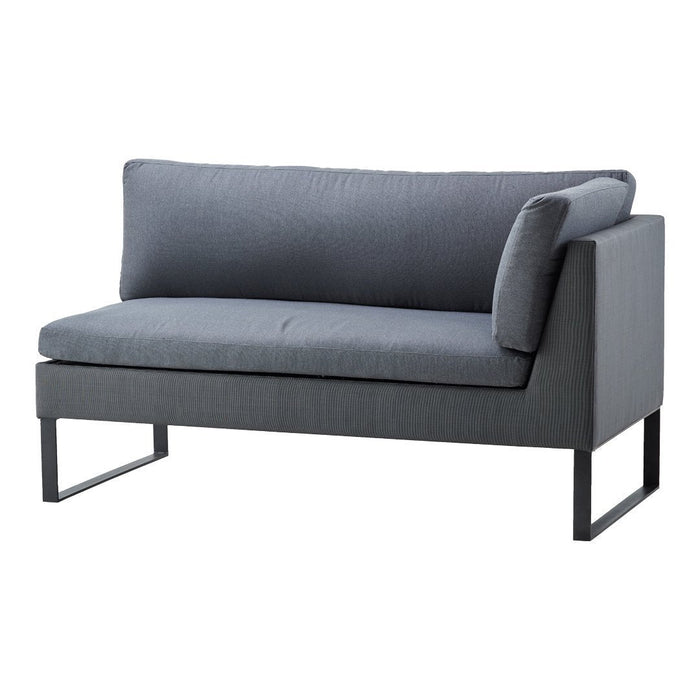Gray upholstered loveseat with a sleek modern design and contrasting black metal legs.