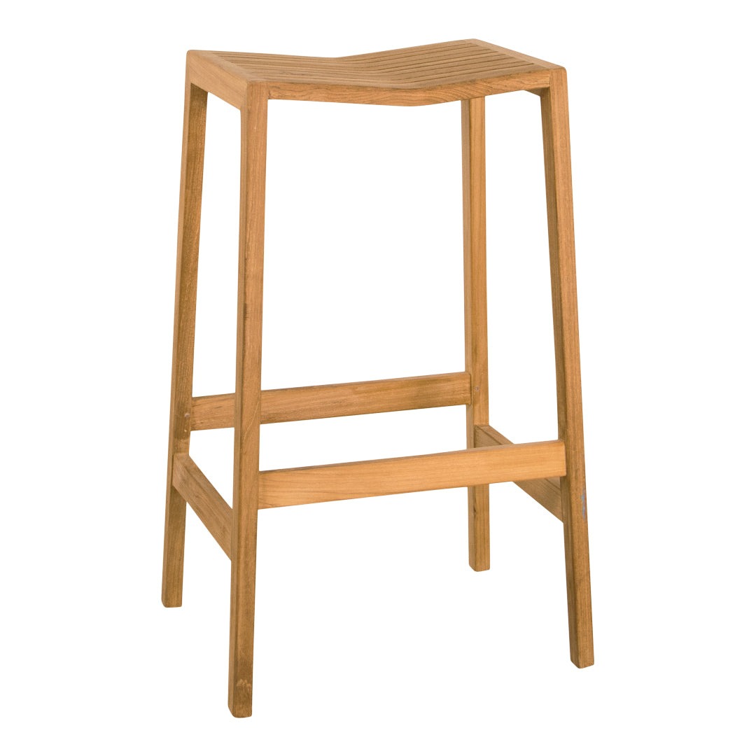 Natural light wood bar stool with a sleek, minimalist design and smooth, curved seat surface.