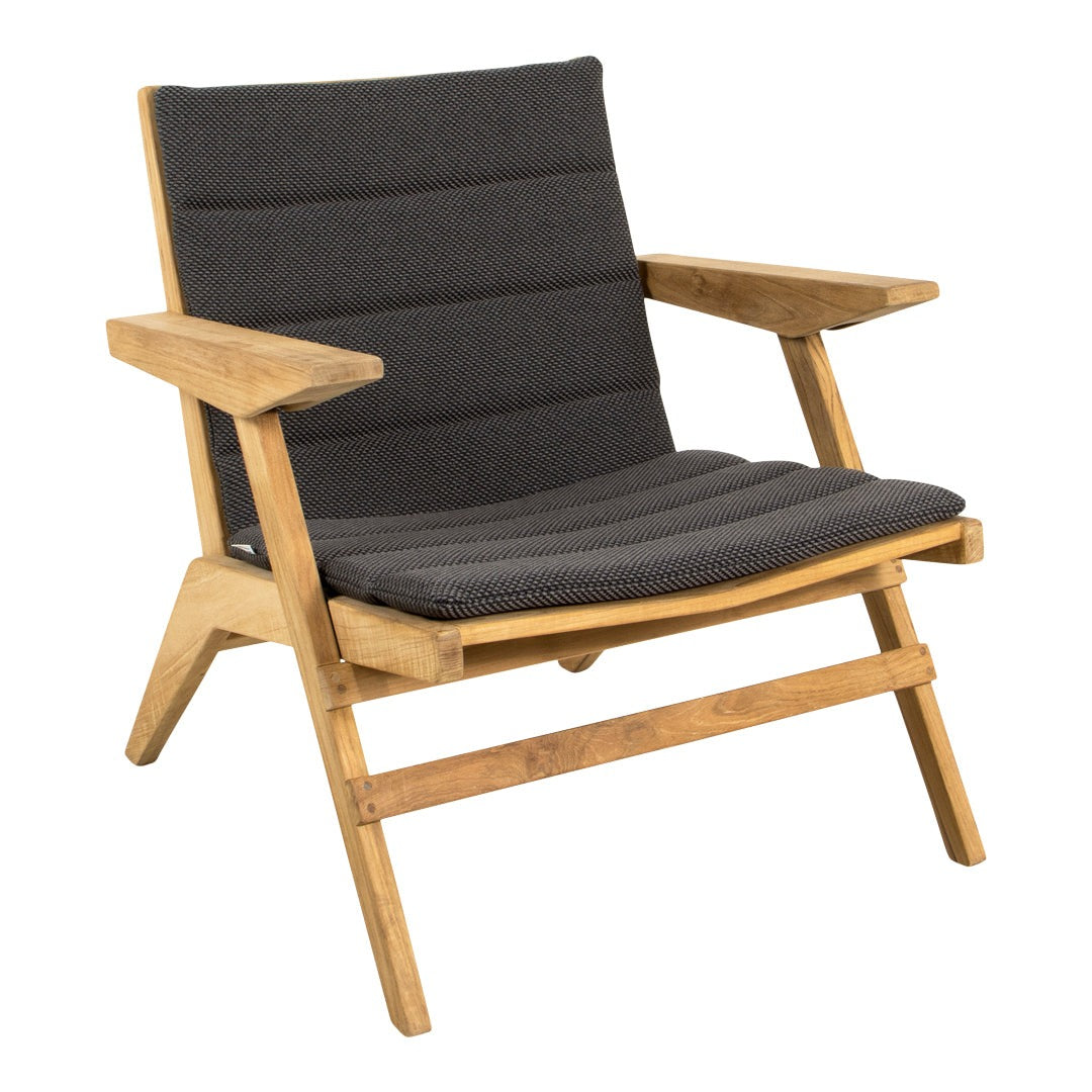 Gray upholstered lounge chair with wooden frame, featuring a sleek, modern design and subtle striped pattern.