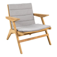 Light gray upholstered chair with horizontal quilted pattern and natural wood frame. Modern and stylish design for any space.
